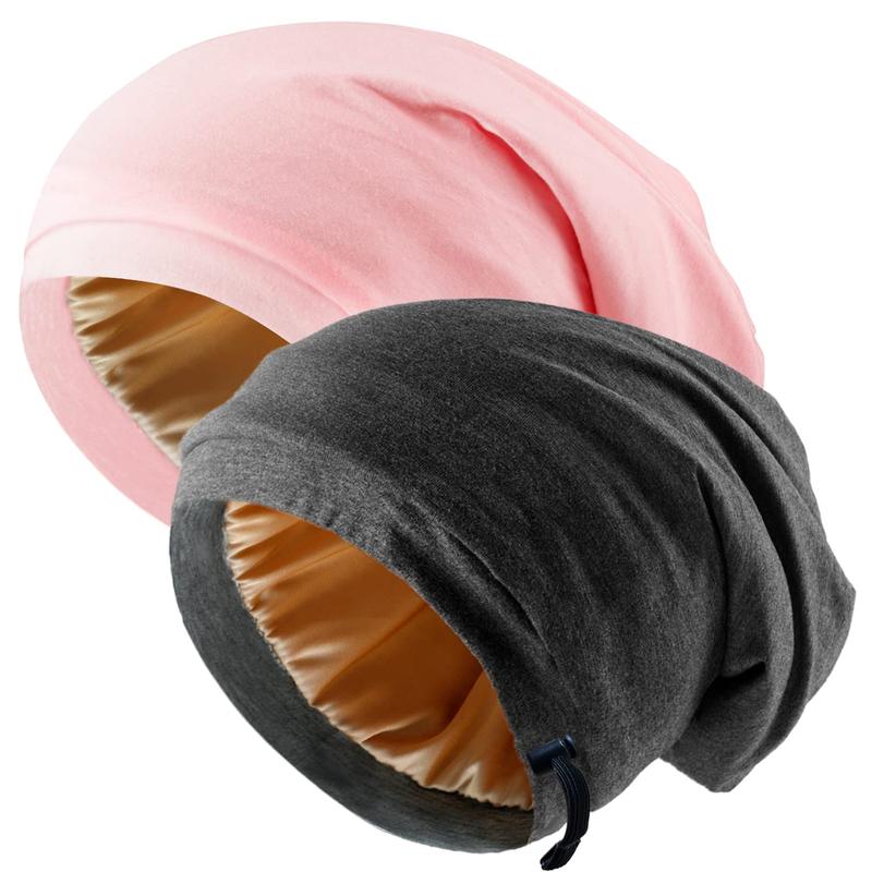 Silk Satin Bonnet Hair Wrap for Sleeping, 2 Pcs Adjustable Silk Bonnets for Women Men Sleep Cap Silk Lined Slouchy with Adjustable Strap Curly Hair Head Scarf Night Caps