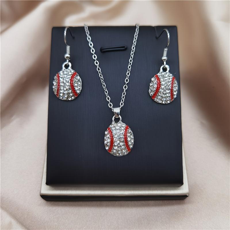 3pcs Silver Plated Earrings Plus Necklace Fashion Jewelry Set Inlaid Rhinestone Trendy Baseball Design