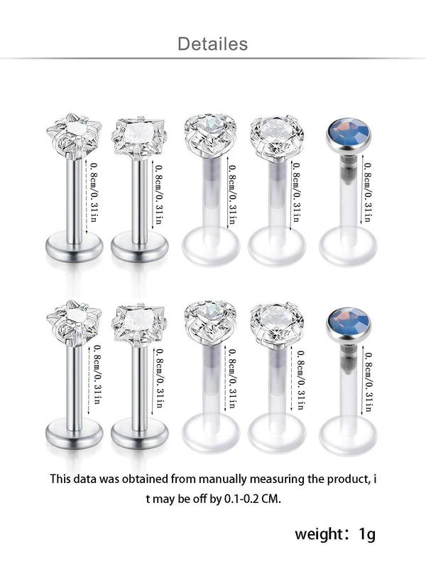 10pcs Simple Stainless Steel Lip Piercing, Casual Rhinestones Decor Lip Ring, Heart & Star Design Lip Stud, Lip Ring Nose Ring, Body Jewelry for Women & Men