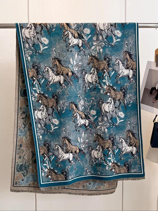 Horse Pattern Tassel Decor Scarf, Casual Soft Warm Thickened Shawl for Fall & Winter, Fashion Accessories for Women & Men