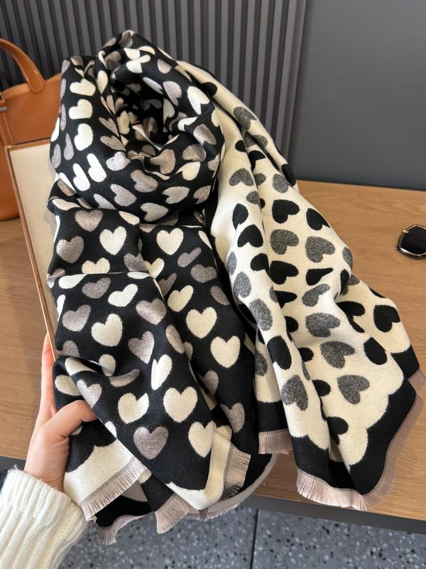 Women's Cute Heart Pattern Tassel Decor Scarf, Soft Warm Thickened Double Sided Shawl, Fashionable Scarf for Fall & Winter