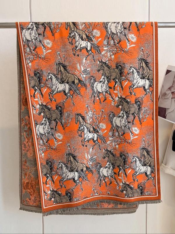 Horse Pattern Tassel Decor Scarf, Casual Soft Warm Thickened Shawl for Fall & Winter, Fashion Accessories for Women & Men