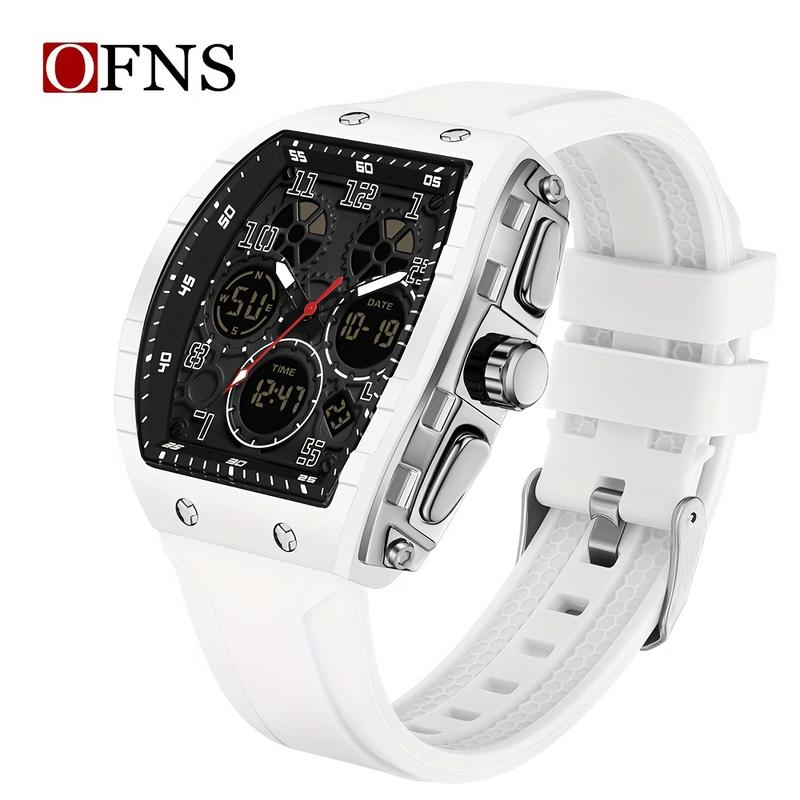 OFNS Men'S Fashionable Electronic Watch, Double Display, Bucket Shape, TPU Strap, 5ATM, Alarm Clock, Nightlight, Sports, Multi-Functional