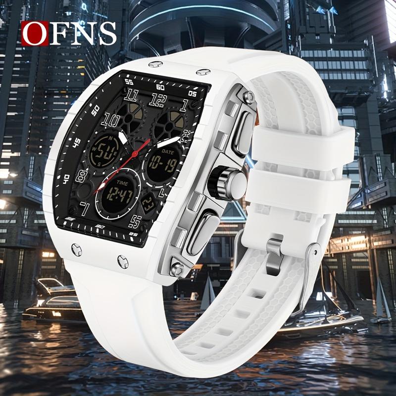 OFNS Men'S Fashionable Electronic Watch, Double Display, Bucket Shape, TPU Strap, 5ATM, Alarm Clock, Nightlight, Sports, Multi-Functional