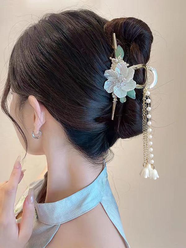 Elegant Flower & Rhinestone Decor Hair Claw, Exquisite Tassel Design Hair Claw, Fashion Hair Accessories for Women & Girls