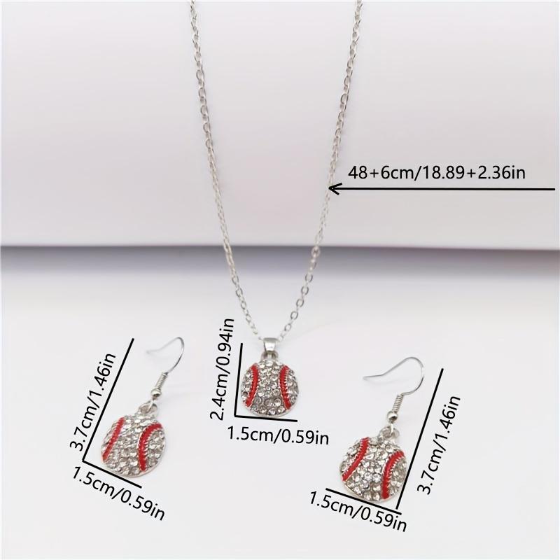 3pcs Silver Plated Earrings Plus Necklace Fashion Jewelry Set Inlaid Rhinestone Trendy Baseball Design