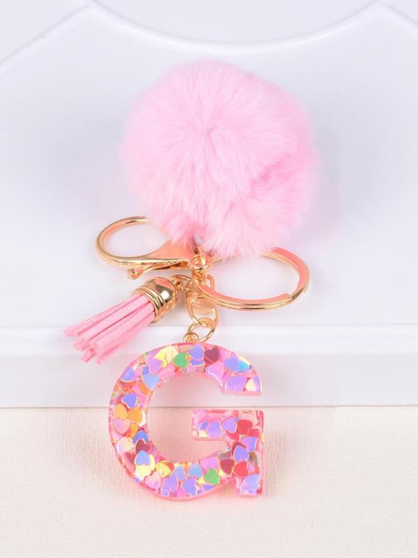 Glitter Letter Decor Keychain, Cute Soft Pom Pom Resin Key Chain Ring, Bag Backpack Charm, Car Hanging Pendant, Women Daily Use Gift