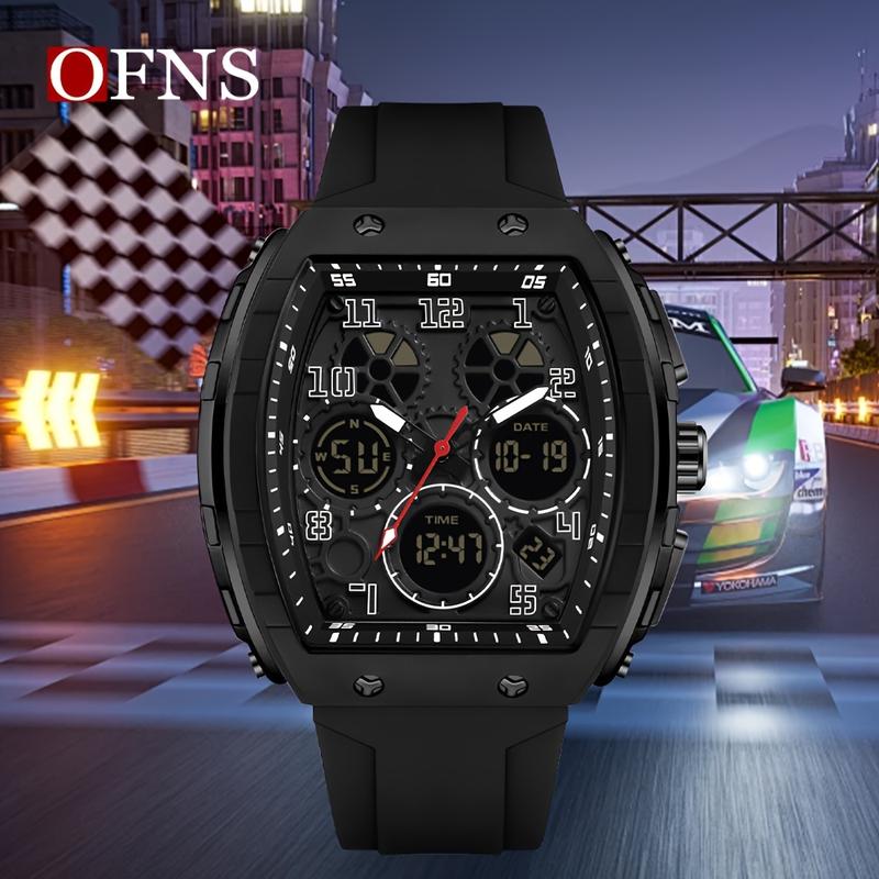 OFNS Men'S Fashionable Electronic Watch, Double Display, Bucket Shape, TPU Strap, 5ATM, Alarm Clock, Nightlight, Sports, Multi-Functional