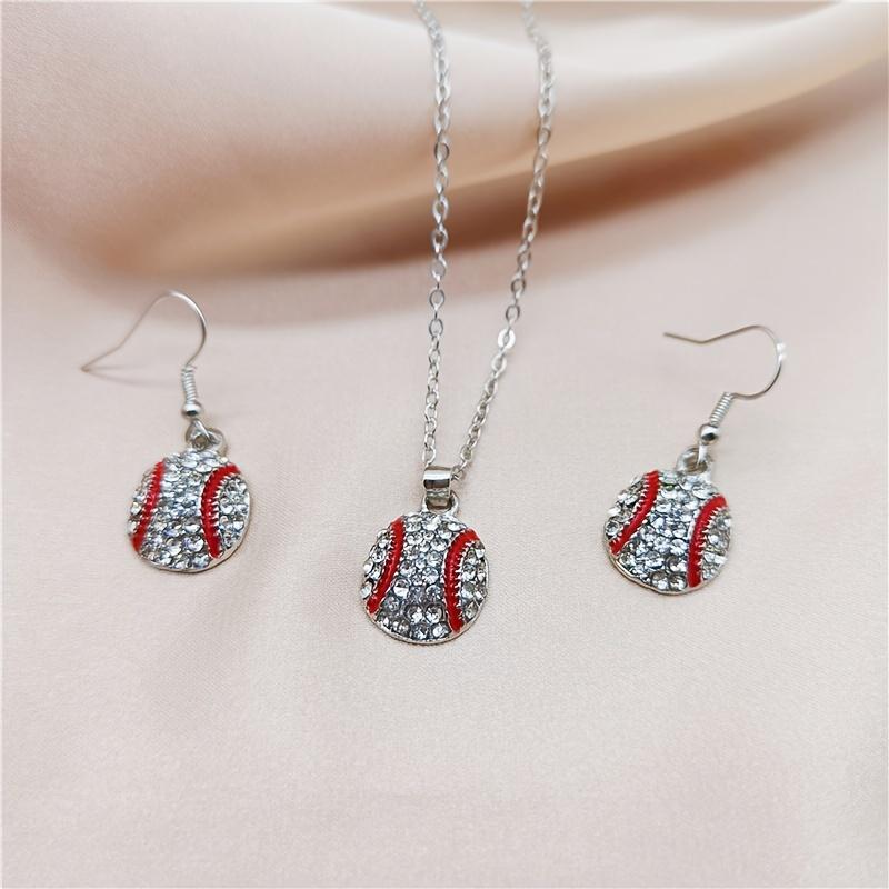 3pcs Silver Plated Earrings Plus Necklace Fashion Jewelry Set Inlaid Rhinestone Trendy Baseball Design