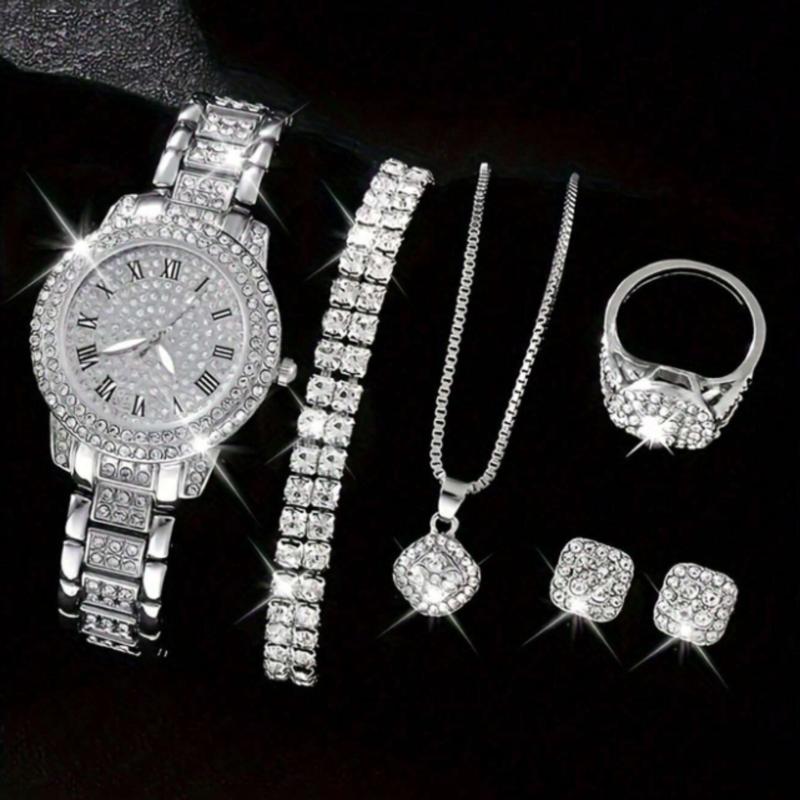 6pcs set Fashionable Women's Quartz  Set Full Crystal Digit Bracelet Wristwatch (+1pc Wristwatch And 5pc Accessories)