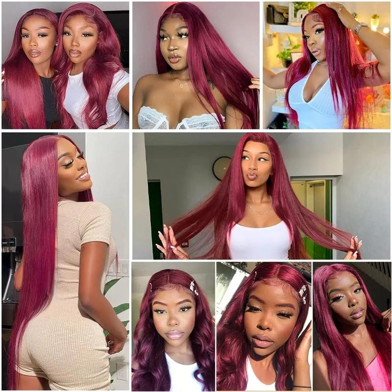 13x4 13x6 HD Lace Front Wig Human Hair Wigs 99J Red Burgundy Colored HD Transparent Pre Plucked Lace Frontal Human Hair Wigs Straight Buy 1  99J Wig Get 1 Pink Bag 1 HD Wig Cap 1 Brown Wig Cap and 1 Eyelashes