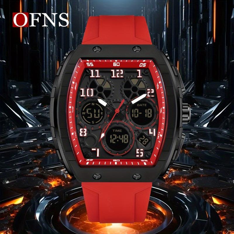 OFNS Men'S Fashionable Electronic Watch, Double Display, Bucket Shape, TPU Strap, 5ATM, Alarm Clock, Nightlight, Sports, Multi-Functional