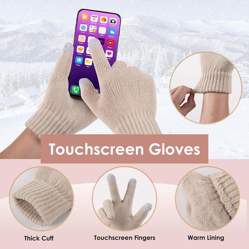 Women Beanie Hat Scarf Gloves Set Fleece Lined Winter Warm Hat Long Knit Scarf Touchscreen Gloves for Cold Weather