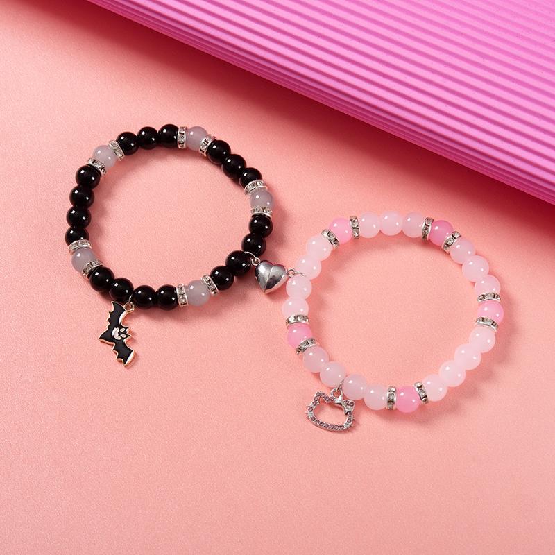 Bat Kitty Matching Bracelets Heart Charm Stretch Beaded Bracelets Friendship Bracelet for Couple Friendship Lover Jewelry Gift