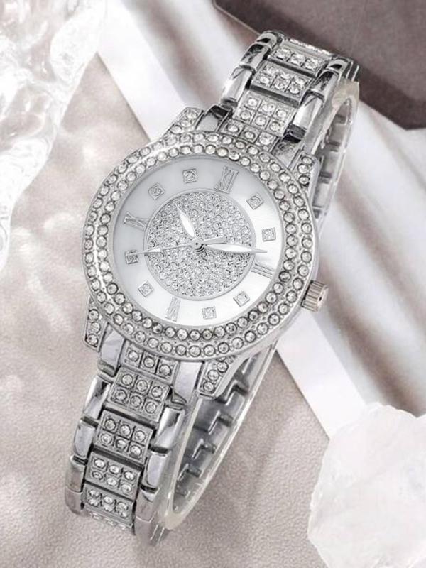 Women's Elegant Rhinestone Decor Quartz Watch & Jewelry Set, Including Round Dial Analog Watch & Bracelet & Necklace & Ring & Earrings, Fashion Watch Set for Party, Daily Decor