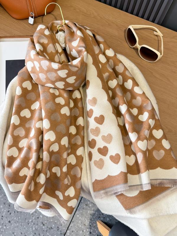 Women's Cute Heart Pattern Tassel Decor Scarf, Soft Warm Thickened Double Sided Shawl, Fashionable Scarf for Fall & Winter