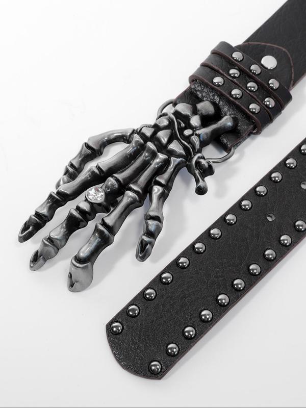 Unisex Skeleton Hand Design Rivet Decor Belt for Summer Use, Designer Belt, Punk Style PU Buckle Belt for Summer Vacation Holiday Party Gift, Fashion Accessories for Men & Women