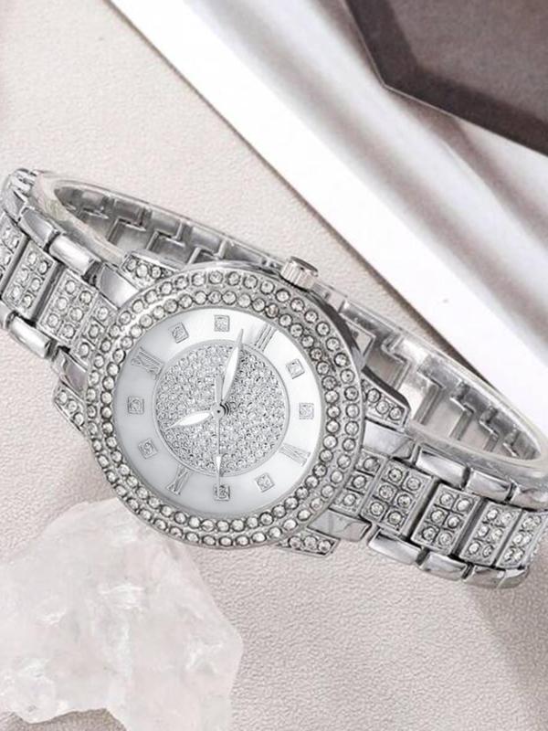 Women's Elegant Rhinestone Decor Quartz Watch & Jewelry Set, Including Round Dial Analog Watch & Bracelet & Necklace & Ring & Earrings, Fashion Watch Set for Party, Daily Decor