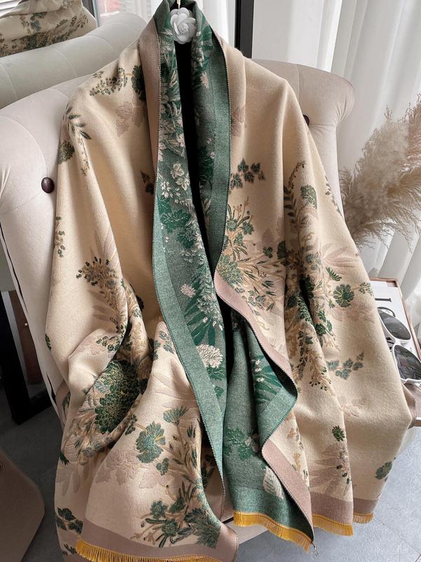 Boho Style Floral Pattern Double Sided Scarf, Casual Soft Warm Shawl for Women & Men, Fashion Accessories for Daily Wear