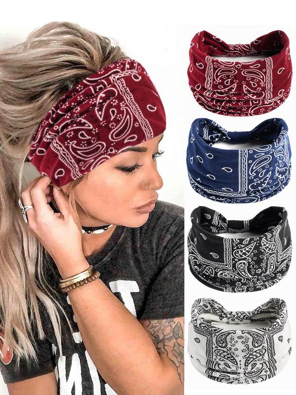 Paisley Print Sports Hair Band, Breathable Wide-brimmed Hair Band for Yoga Gym Workout Tennis Pickleball, 4 Counts Summer Back To School Sweat Absorbing Hair Band for Women & Girls, Fall Outfits, Fallfreshness