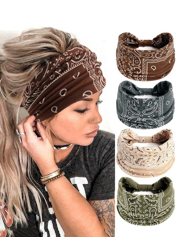 Paisley Print Sports Hair Band, Breathable Wide-brimmed Hair Band for Yoga Gym Workout Tennis Pickleball, 4 Counts Summer Back To School Sweat Absorbing Hair Band for Women & Girls, Fall Outfits, Fallfreshness