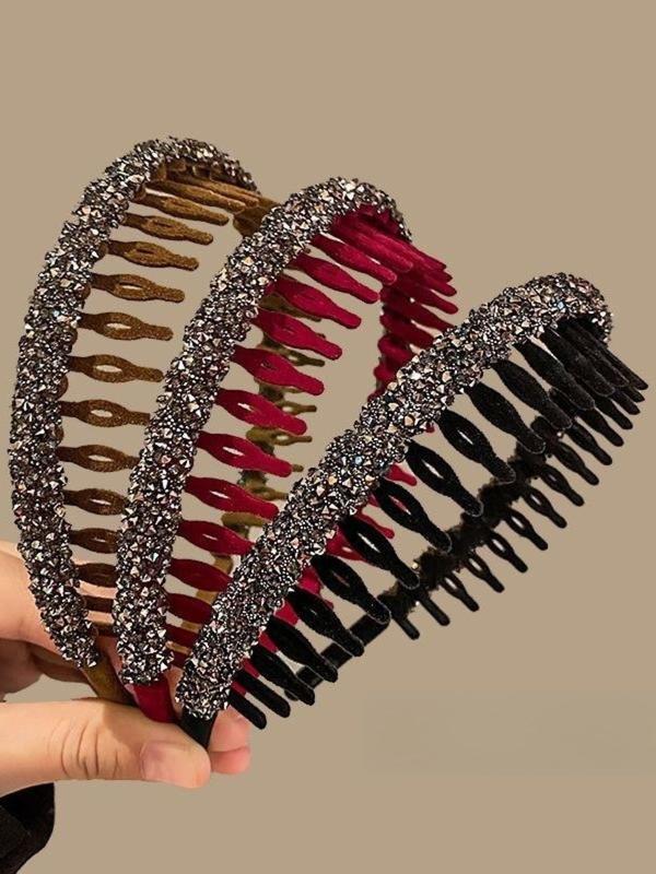 3pcs Flocked Rhinestone Decorated Hair Hoop,  Cute Hairstyles, Comb Design Anti Slip Headband, Casual Hair Accessories for Women & Girls