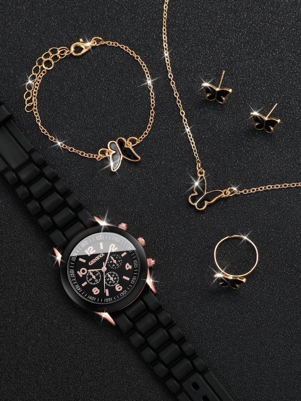 6pcs set Women's Elegant Round Dial Quartz Watch & Jewelry Set, Trendy Gorgeous Wristwatch & Butterfly Ring & Stud Earrings & Pendant Necklace & Bracelet, Fashionable Watch Set As Gift Without Box