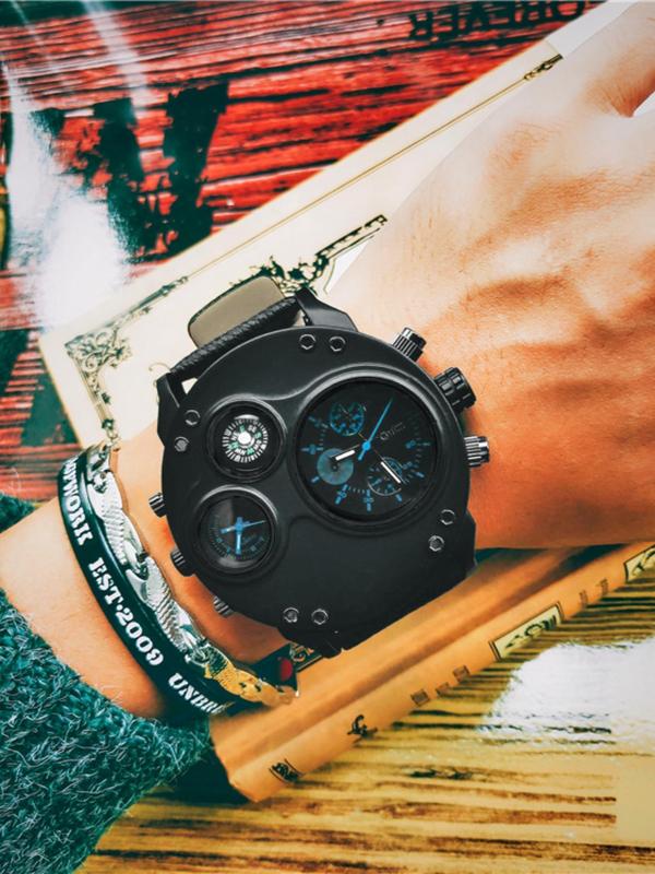 Men's Punk Style Large Dial Quartz Watch, Fashion Round Dial Compass Design Watch for Party, Daily Decor, Trendy All-match & Exquisite Watch for Birthday Gift with Box