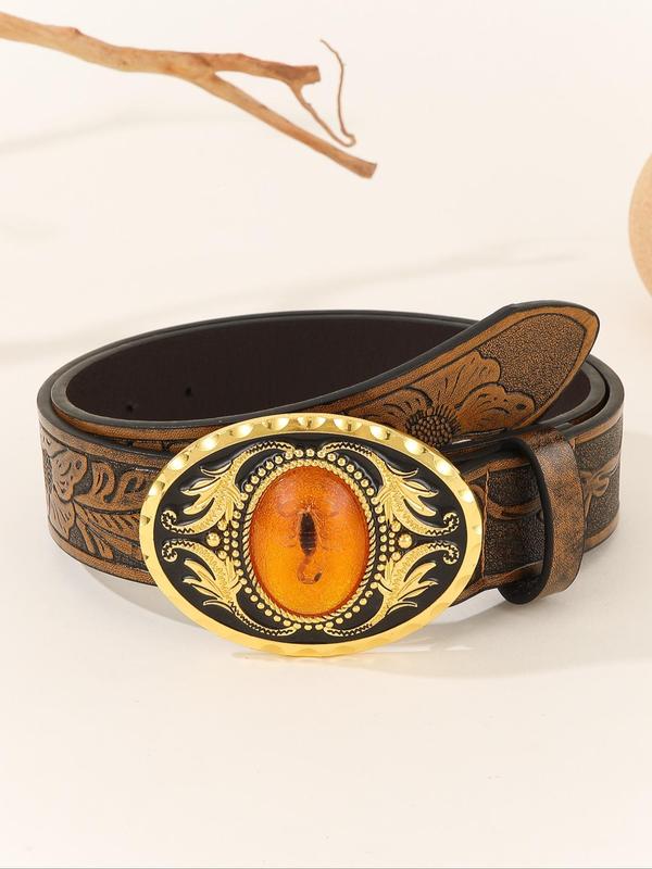 Fashionable Vintage Scorpion Design Luminous Buckle Belt, Western Style Leaf Embossed Belt for Men & Women, Casual Trendy Accessories for Daily Wear