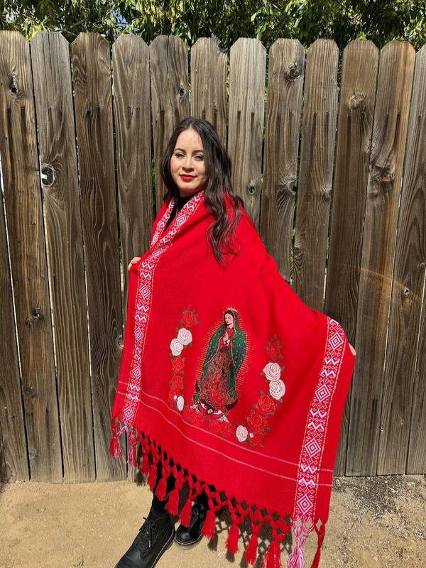 Mexican Embroidered Shawl. Virgin Mary Embroidered Shawl. Mexican Traditional Shawl. Mexican Blanket Wrap. Throw blanket. Mexican blanket.