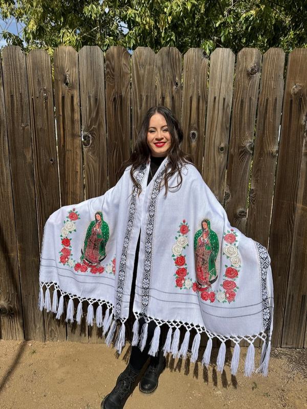 Mexican Embroidered Shawl. Virgin Mary Embroidered Shawl. Mexican Traditional Shawl. Mexican Blanket Wrap. Throw blanket. Mexican blanket.