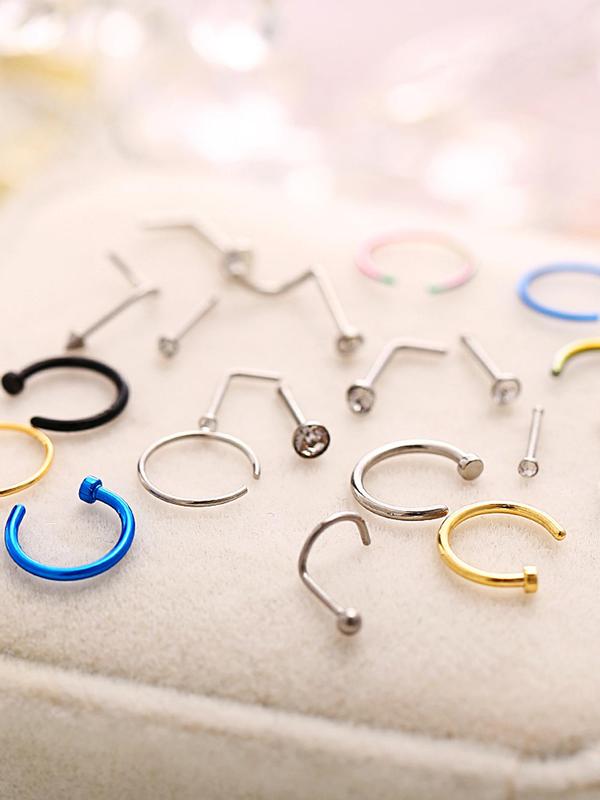 Unisex Stainless Steel Nose Rings, Punk Style Nose Rings & Nail Art, 22pcs set Body Piercing Matching Jewelry For Women & Men, Fashion Accessory For Cool Girl & Boy