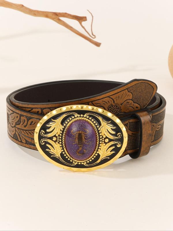 Fashionable Vintage Scorpion Design Luminous Buckle Belt, Western Style Leaf Embossed Belt for Men & Women, Casual Trendy Accessories for Daily Wear