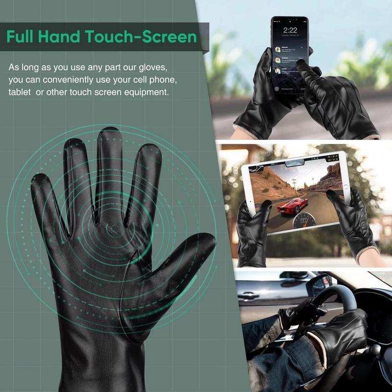 Winter Leather Gloves for Men, Warm Thermal Touchscreen Texting Typing Dress Driving Motorcycle Gloves Wool Lining