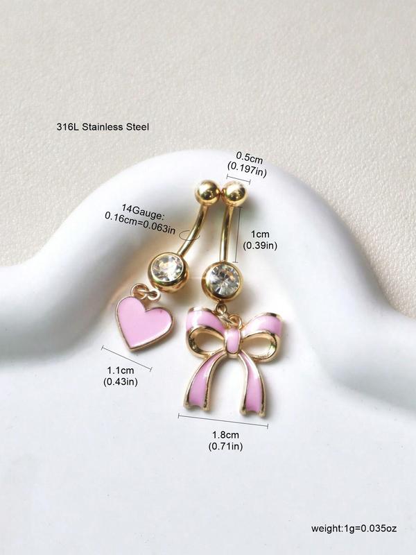 Elegant Bow & Heart Design Belly Button Rings, 2 Counts Y2K Style Navel Rings, 316L Stainless Steel Belly Piercing Jewelry, Fashion Body Jewelry for Party & Daily Decor