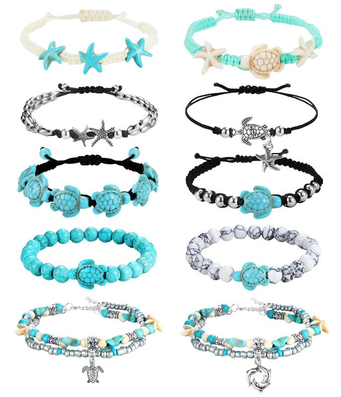 FASACCO 10 Count Turtle Ankle Bracelets for Women Waterproof Handmade Starfish Sea Turtle Bracelet Adjustable Boho Summer Beach Bracelets for Women Men Bahamas Souvenirs