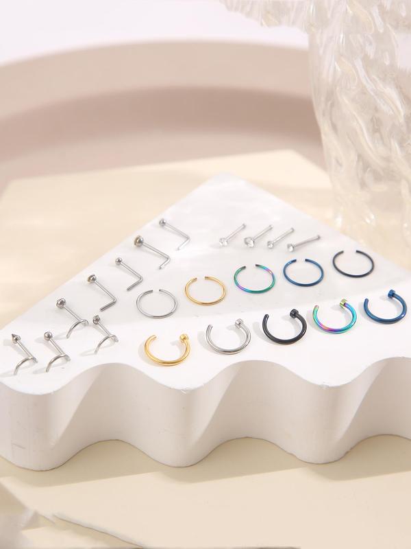 Unisex Stainless Steel Nose Rings, Punk Style Nose Rings & Nail Art, 22pcs set Body Piercing Matching Jewelry For Women & Men, Fashion Accessory For Cool Girl & Boy