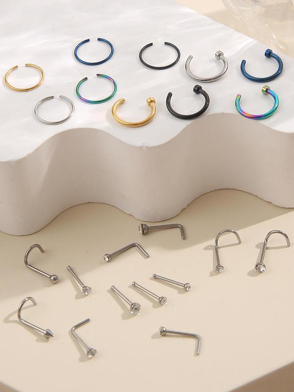 Unisex Stainless Steel Nose Rings, Punk Style Nose Rings & Nail Art, 22pcs set Body Piercing Matching Jewelry For Women & Men, Fashion Accessory For Cool Girl & Boy