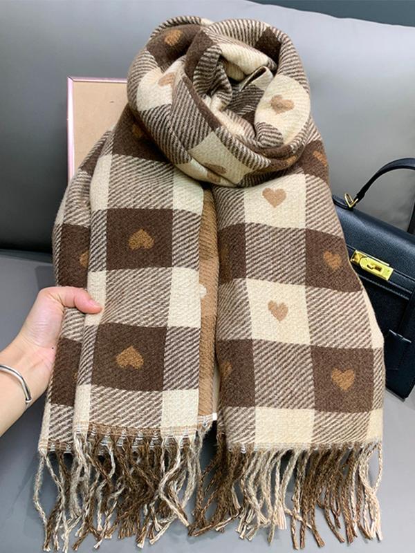 Women's Heart Pattern Tassel Decor Plaid Scarf, Casual Soft Warm Thick Shawl for Fall & Winter, Fashion Accessories for Women & Girls