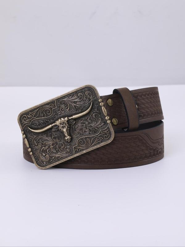 Men's Vintage Western Cowboy Style Buckle Belt, Fashionable Pu Leather Belt for Daily Clothing Decor, Trendy All-match & Exquisite Belt for Birthday Gift