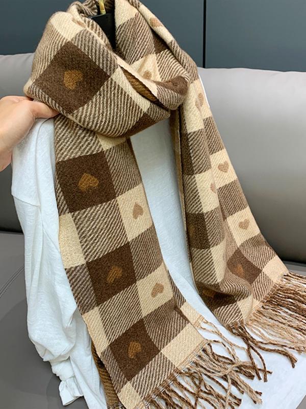 Women's Heart Pattern Tassel Decor Plaid Scarf, Casual Soft Warm Thick Shawl for Fall & Winter, Fashion Accessories for Women & Girls