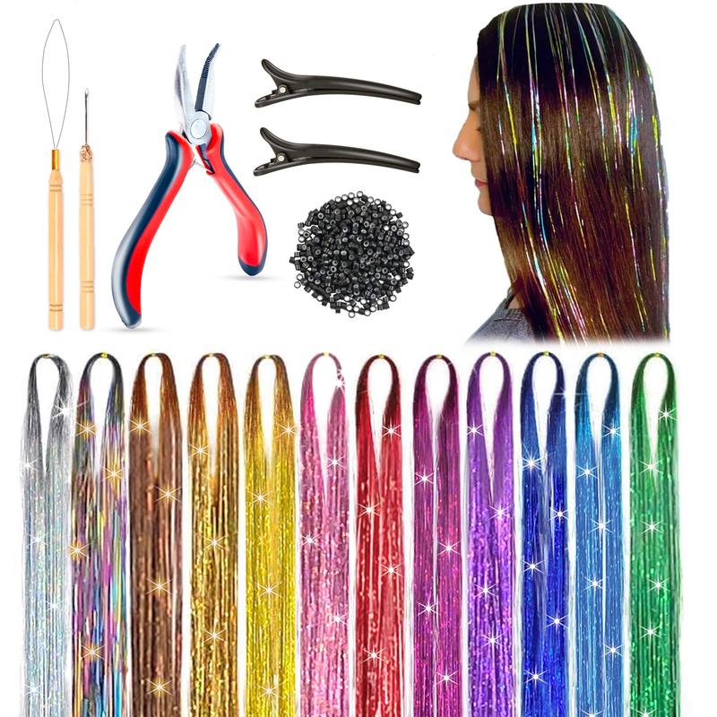 Heat Resistant Hair Tinsel Kit For Girls, Women & Kids, 48 Inch, 12 Dazzling Colors, 2880 Strands, One Wooden Threader & Crochet, One Plier, Two Hair Clips, Two Hundred Beads