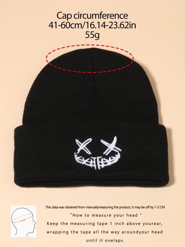 Smile Face Embroidery Knitting Beanie Hat For Men & Women, Trendy Casual Top Tier Beanie Hat, Warm Hat for Fall & Winter, Pull On Closure Cap For Outdoor Sports