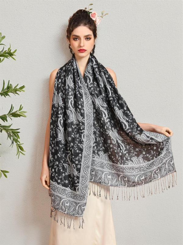 Women's Elegant Paisley Graphic Tassel Trim Design Scarf, Trendy Vintage Comfy Shawl, Casual Fashionable Soft Scarf for All Season