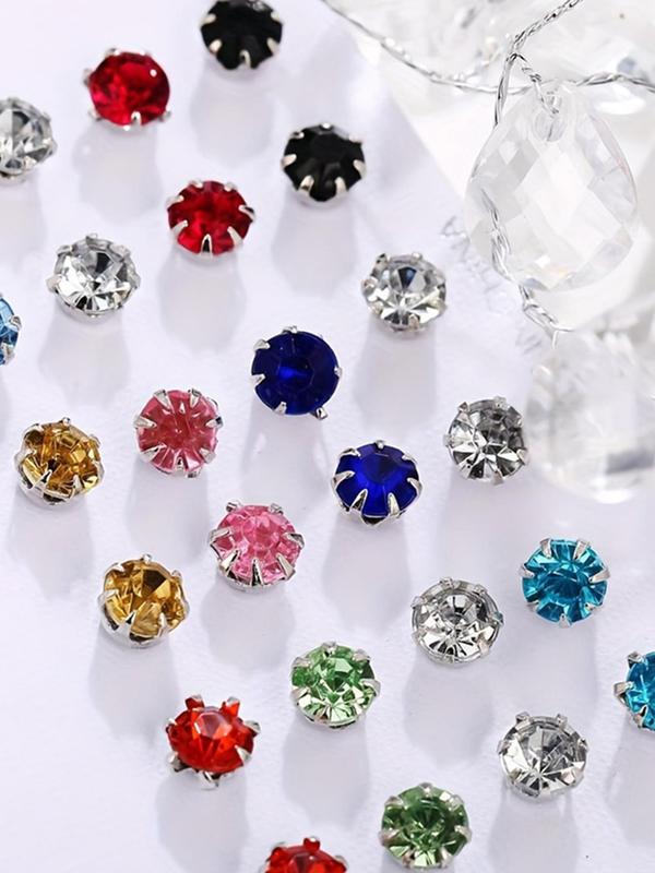 12 Pairs Women's Elegant Trendy Mixed Color Rhinestones Decorated Earrings, Simple Style Glittering Exquisite Ear Studs, Casual Earrings For Party & Daily