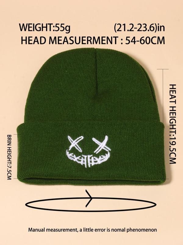 Smile Face Embroidery Knitting Beanie Hat For Men & Women, Trendy Casual Top Tier Beanie Hat, Warm Hat for Fall & Winter, Pull On Closure Cap For Outdoor Sports