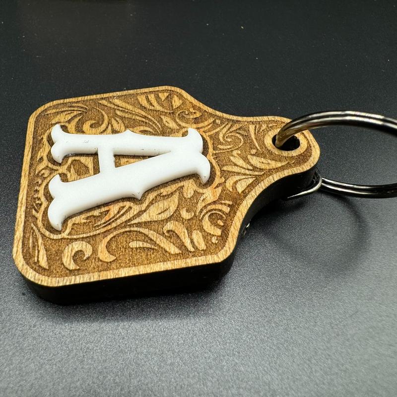 Cow tag Initial Wood and Acrylic Keychains!