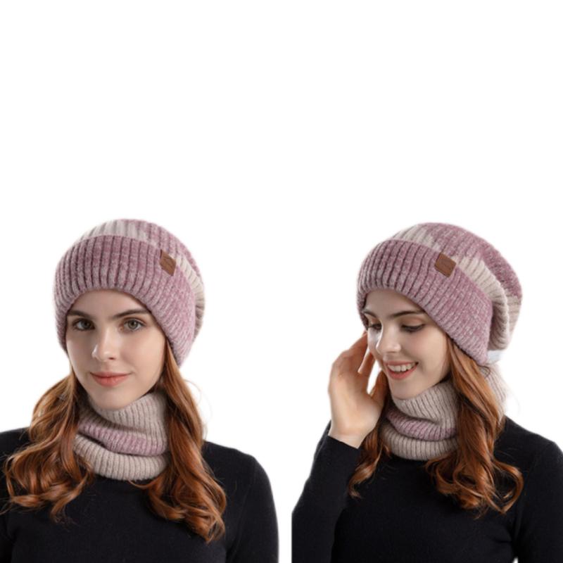 Solid Color Thickened Warm Hat & Scarf Set, 2 Counts set Knitted Hat & Scarf, Outdoor Sports Hat & Scarf for Women & Girls