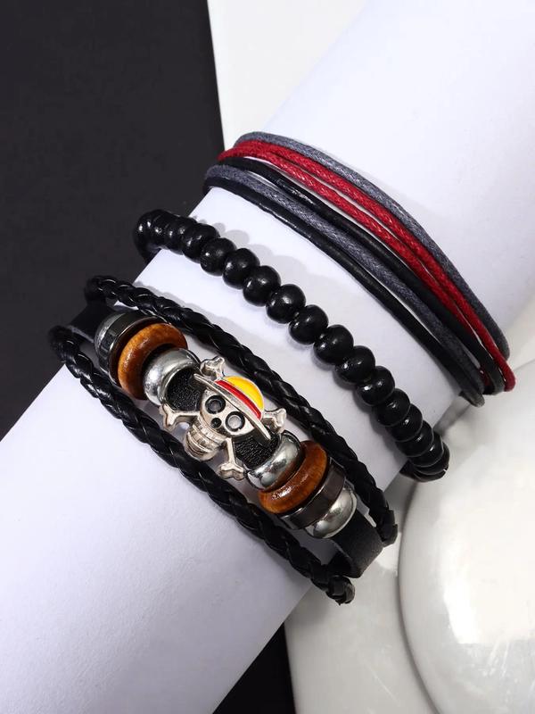 Men's Fashion Skull Charm Bracelet Set, 3pcs Handmade Beaded Adjustable Bracelet, Casual Holiday Party Jewelry Accessories, Daily Clothing Decoration