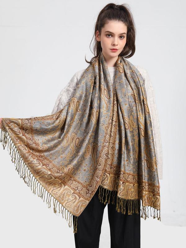 Women's Elegant Paisley Graphic Tassel Trim Design Scarf, Trendy Vintage Comfy Shawl, Casual Fashionable Soft Scarf for All Season